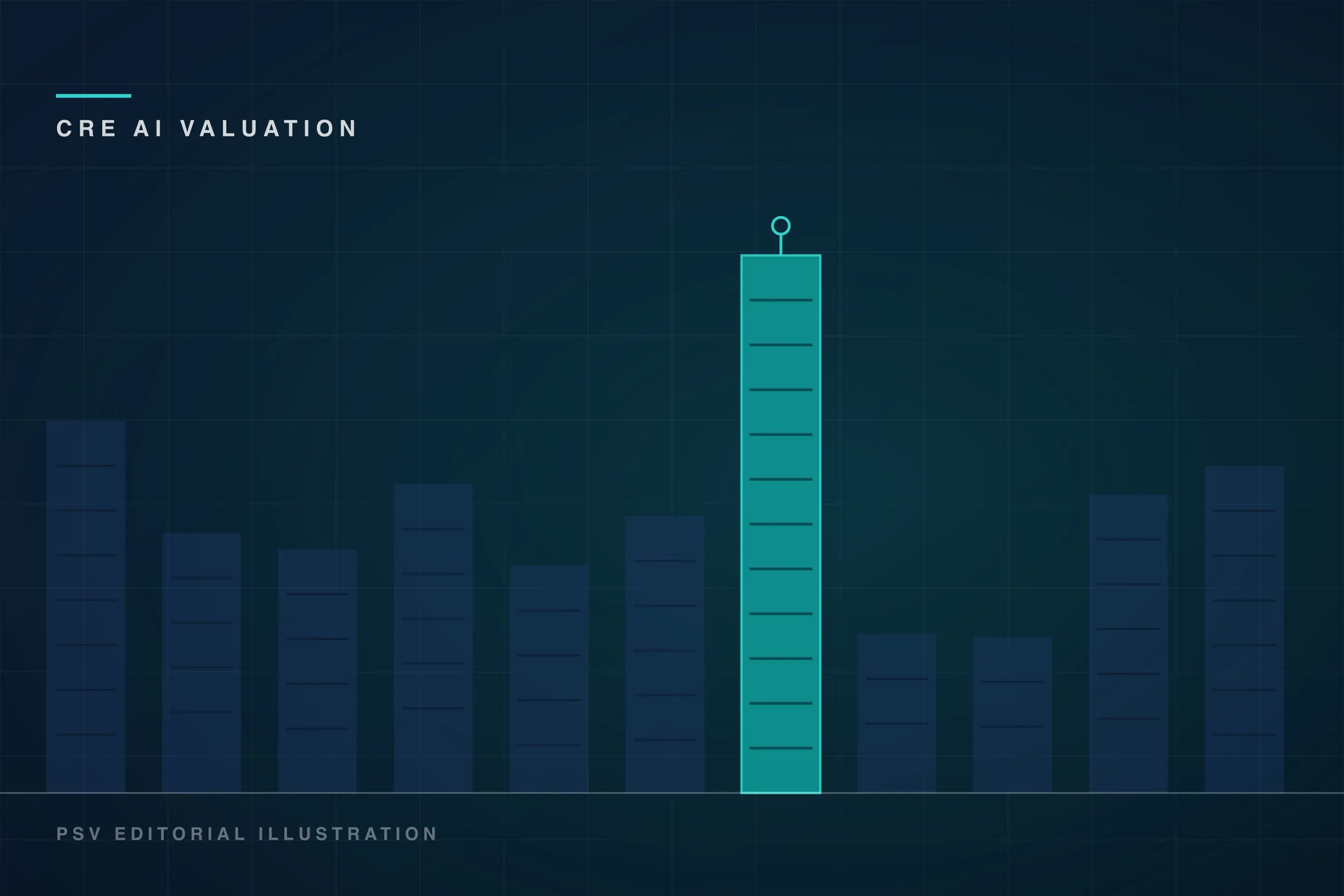 PSV branded illustration of a dark skyline chart with one tower highlighted in teal beneath a location marker, labeled CRE AI valuation PSV branded illustration of a dark skyline chart with one tower highlighted in teal beneath a location marker, labeled CRE AI valuation