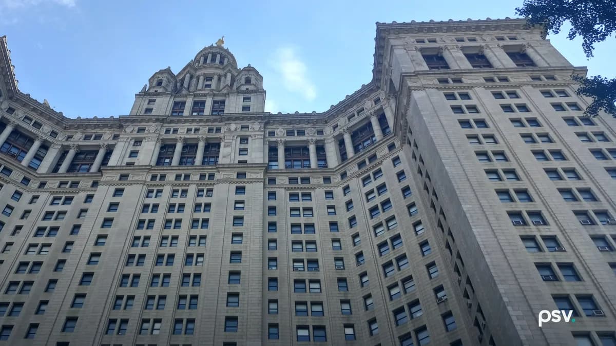 A low upward view of a limestone civic skyscraper in daylight: dense rows of small windows across two wings meeting at a corner, a colonnaded upper story, a stepped tower and a domed cupola topped by a gilded statue on the left, with tree branches entering the frame at the top right against a pale blue sky.