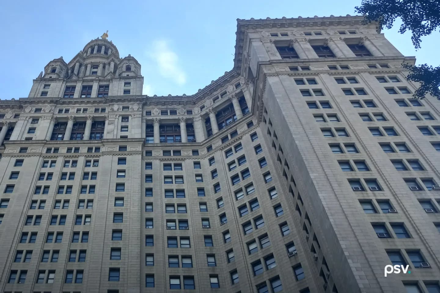 A low upward view of a limestone civic skyscraper in daylight: dense rows of small windows across two wings meeting at a corner, a colonnaded upper story, a stepped tower and a domed cupola topped by a gilded statue on the left, with tree branches entering the frame at the top right against a pale blue sky. A low upward view of a limestone civic skyscraper in daylight: dense rows of small windows across two wings meeting at a corner, a colonnaded upper story, a stepped tower and a domed cupola topped by a gilded statue on the left, with tree branches entering the frame at the top right against a pale blue sky.