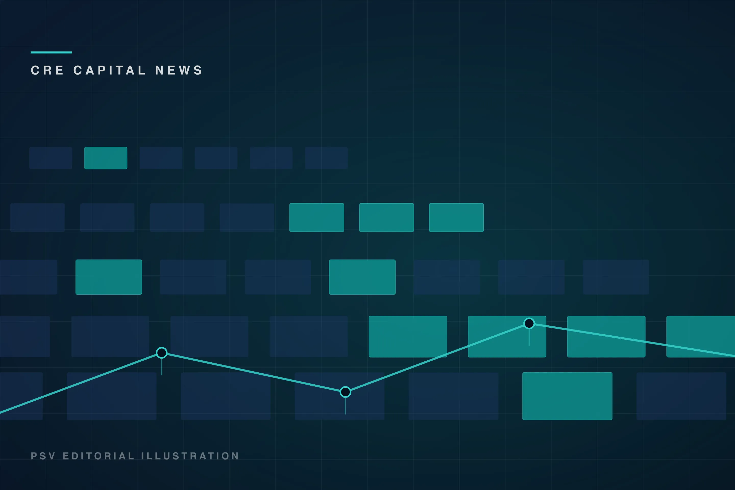 PSV editorial illustration: a rising line with data points climbing across a dark grid of stacked rectangles that read as data center server racks, under a CRE CAPITAL NEWS kicker PSV editorial illustration: a rising line with data points climbing across a dark grid of stacked rectangles that read as data center server racks, under a CRE CAPITAL NEWS kicker