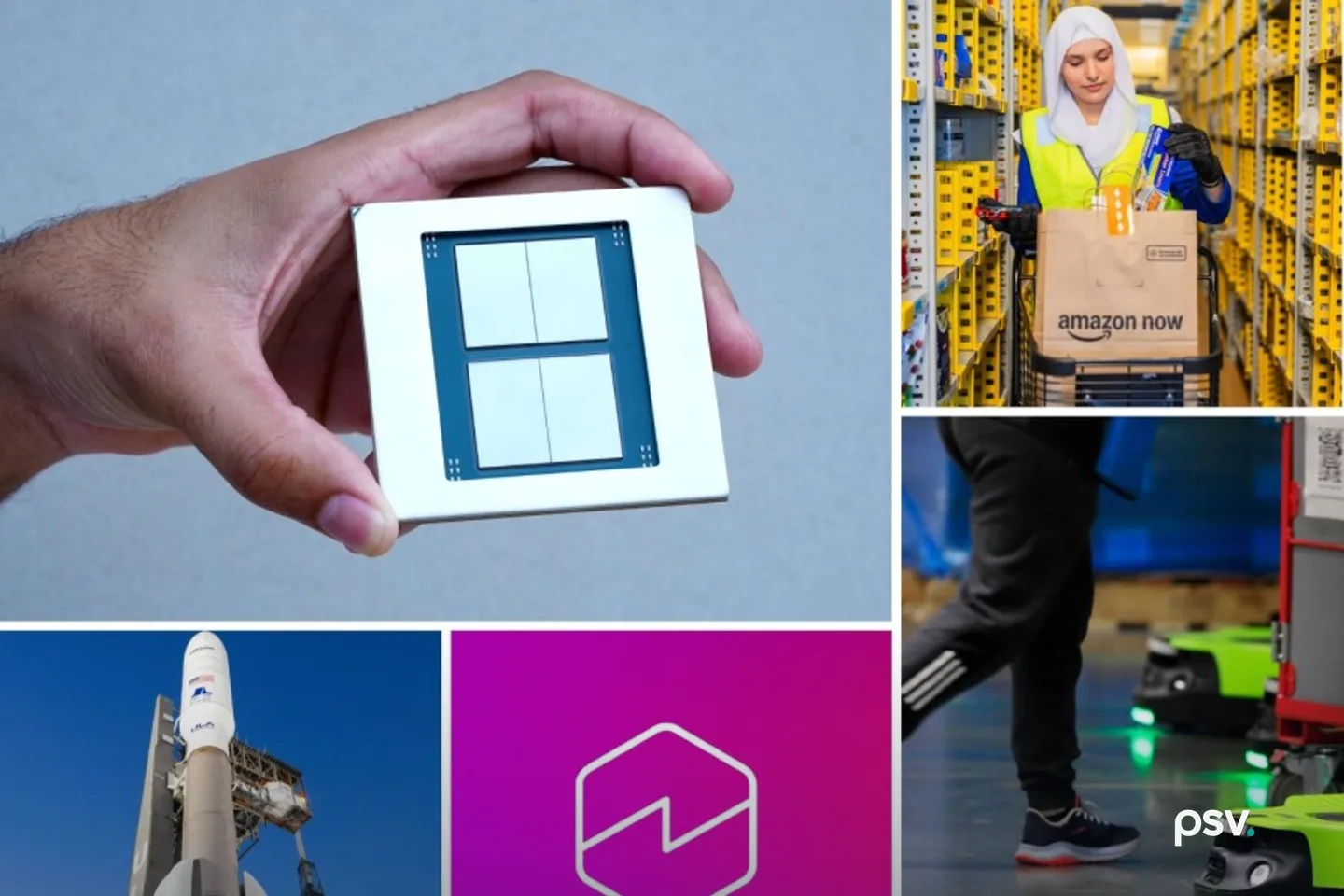 Composite of images Amazon published with its second quarter results: a hand holding a large square custom silicon package, an associate in a safety vest picking an Amazon Now order from yellow warehouse shelving, a rocket on its launch pad, a magenta product tile, and a worker walking past a green wheeled warehouse robot Composite of images Amazon published with its second quarter results: a hand holding a large square custom silicon package, an associate in a safety vest picking an Amazon Now order from yellow warehouse shelving, a rocket on its launch pad, a magenta product tile, and a worker walking past a green wheeled warehouse robot