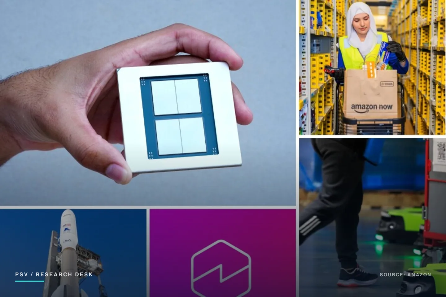 Composite of images Amazon published with its second quarter results: a hand holding a large square custom silicon package, an associate in a safety vest picking an Amazon Now order from yellow warehouse shelving, a rocket on its launch pad, a magenta product tile, and a worker walking past a green wheeled warehouse robot Composite of images Amazon published with its second quarter results: a hand holding a large square custom silicon package, an associate in a safety vest picking an Amazon Now order from yellow warehouse shelving, a rocket on its launch pad, a magenta product tile, and a worker walking past a green wheeled warehouse robot