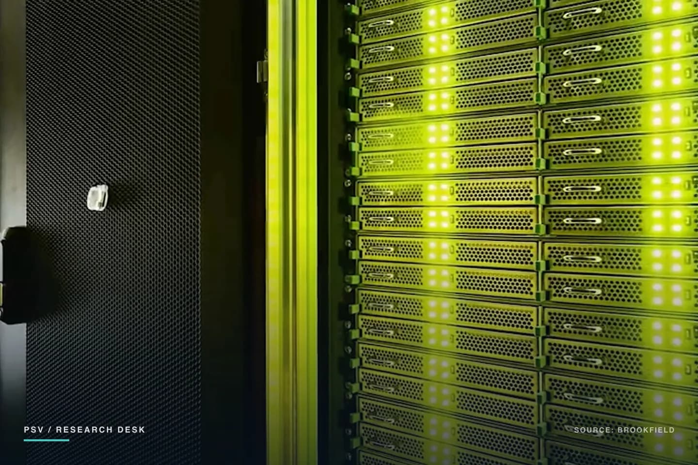 Inside a dim data hall: an open perforated black cabinet door on the left, and to the right a tall rack face packed with rows of server units, their status lights glowing white and green under green aisle lighting Inside a dim data hall: an open perforated black cabinet door on the left, and to the right a tall rack face packed with rows of server units, their status lights glowing white and green under green aisle lighting