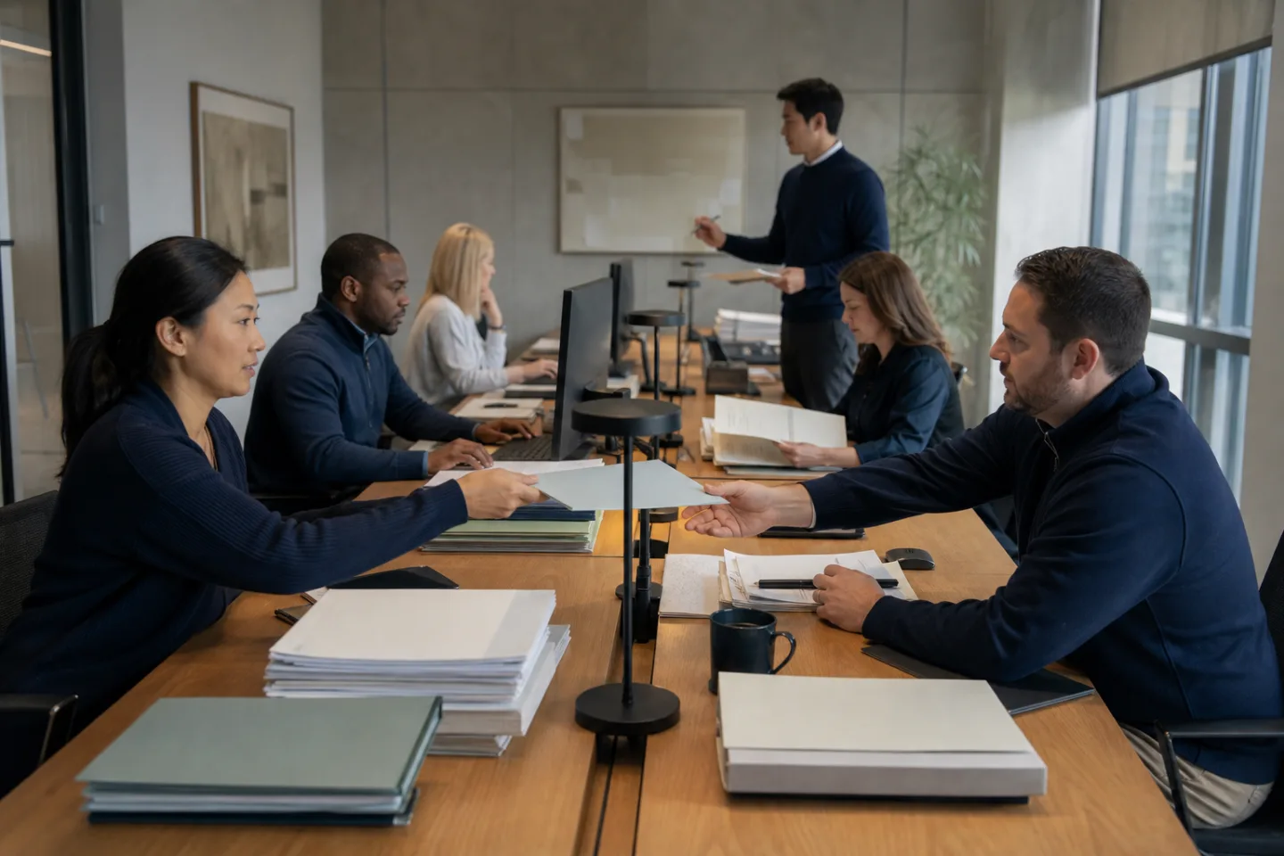 Commercial real estate operations team assigning documents and tasks from a controlled work queue Commercial real estate operations team assigning documents and tasks from a controlled work queue