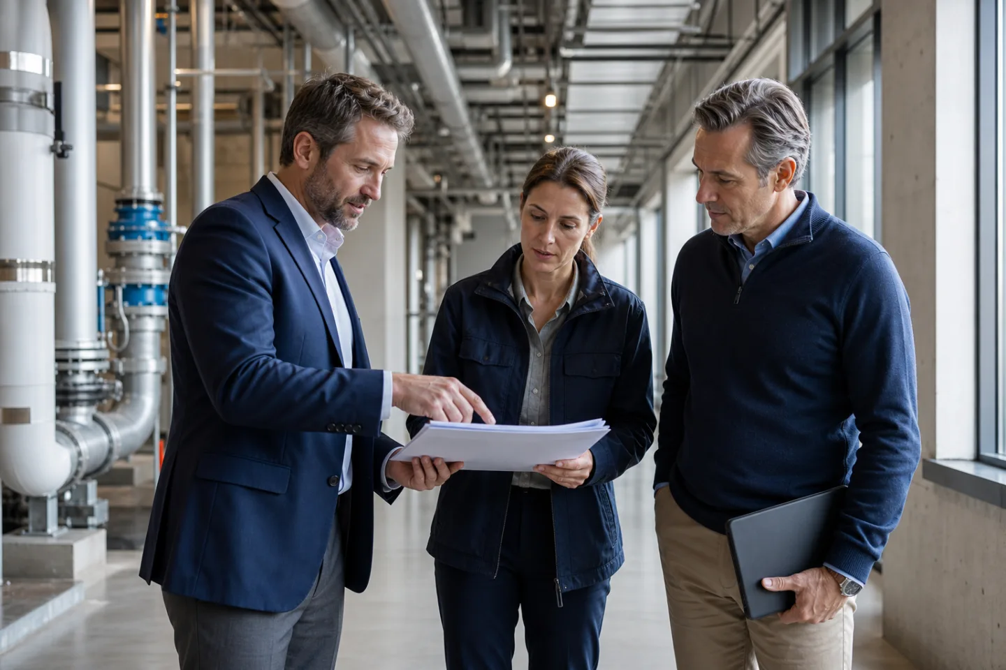 Asset manager, engineer, and construction specialist verifying a capital plan inside a commercial building Asset manager, engineer, and construction specialist verifying a capital plan inside a commercial building