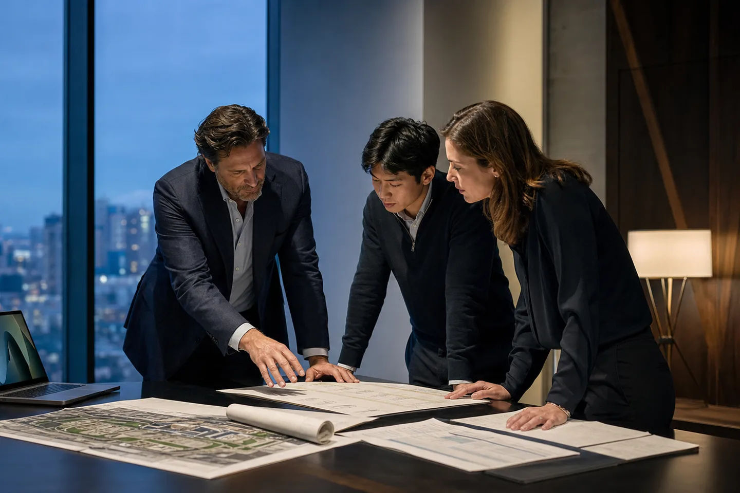 Commercial real estate acquisitions professionals reviewing an underwriting model, rent-roll pages, and a site plan together in an investment office Commercial real estate acquisitions professionals reviewing an underwriting model, rent-roll pages, and a site plan together in an investment office