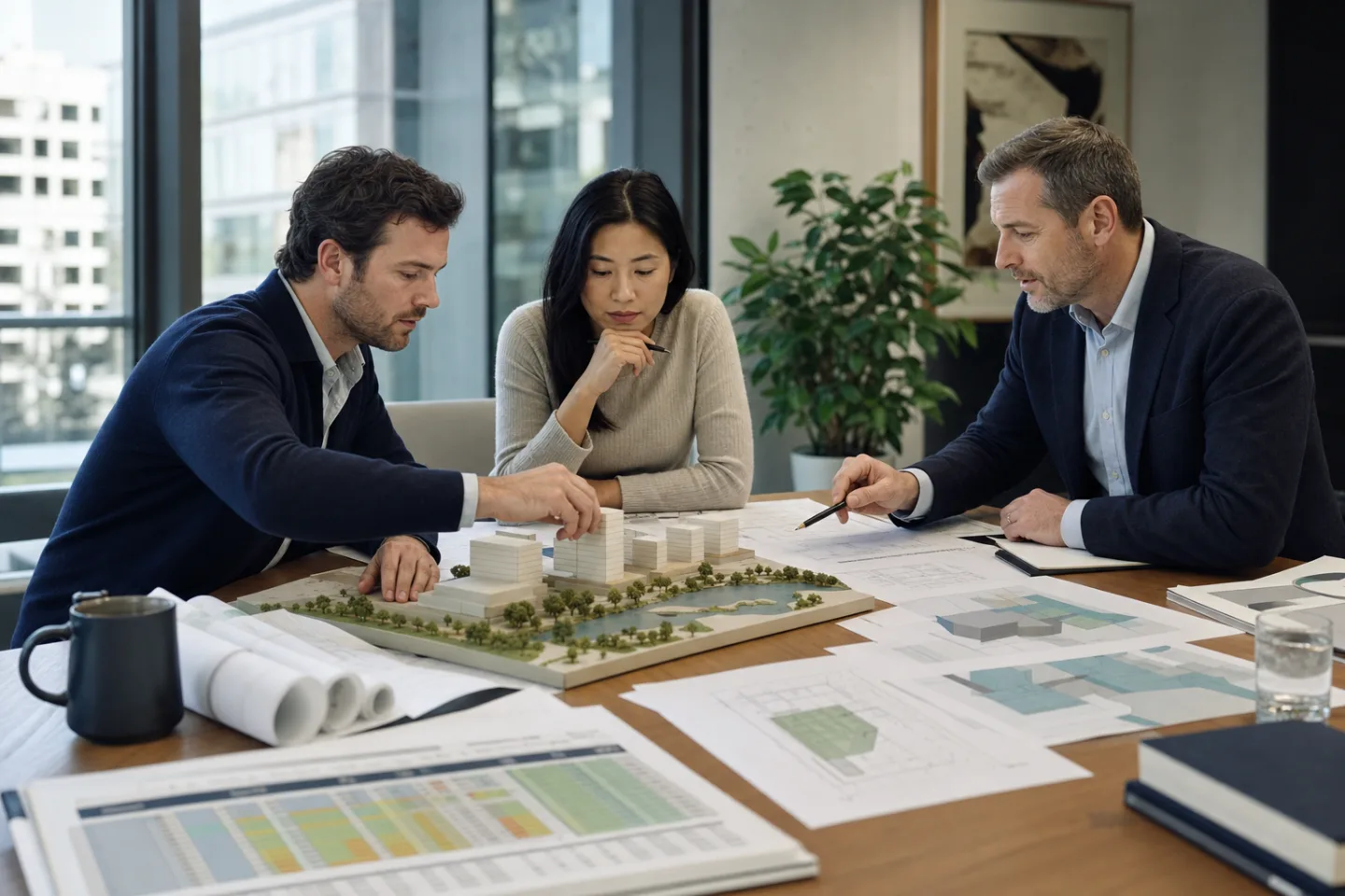 Commercial real estate developer, architect, and finance lead testing a site's feasibility Commercial real estate developer, architect, and finance lead testing a site's feasibility
