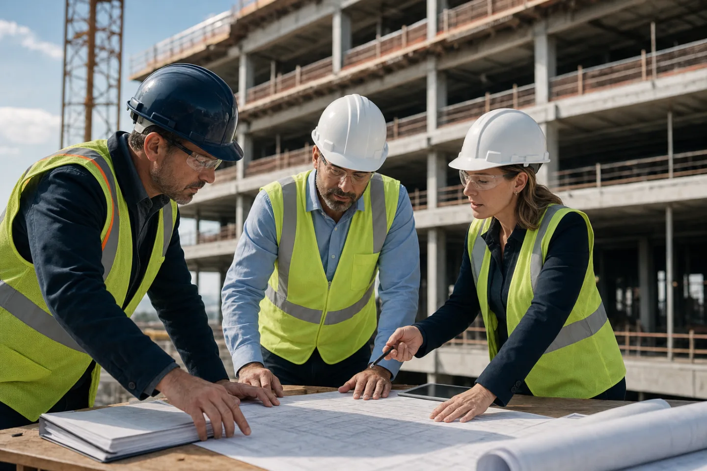 Developer, construction manager, and architect reviewing cost and schedule at a construction site Developer, construction manager, and architect reviewing cost and schedule at a construction site