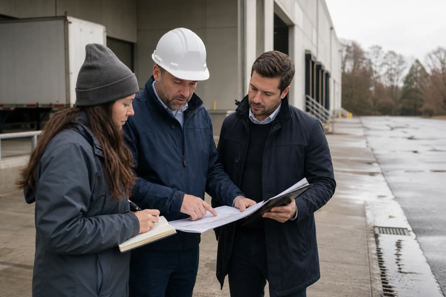 Environmental consultant, engineer, and acquisitions professional inspecting an industrial property Environmental consultant, engineer, and acquisitions professional inspecting an industrial property