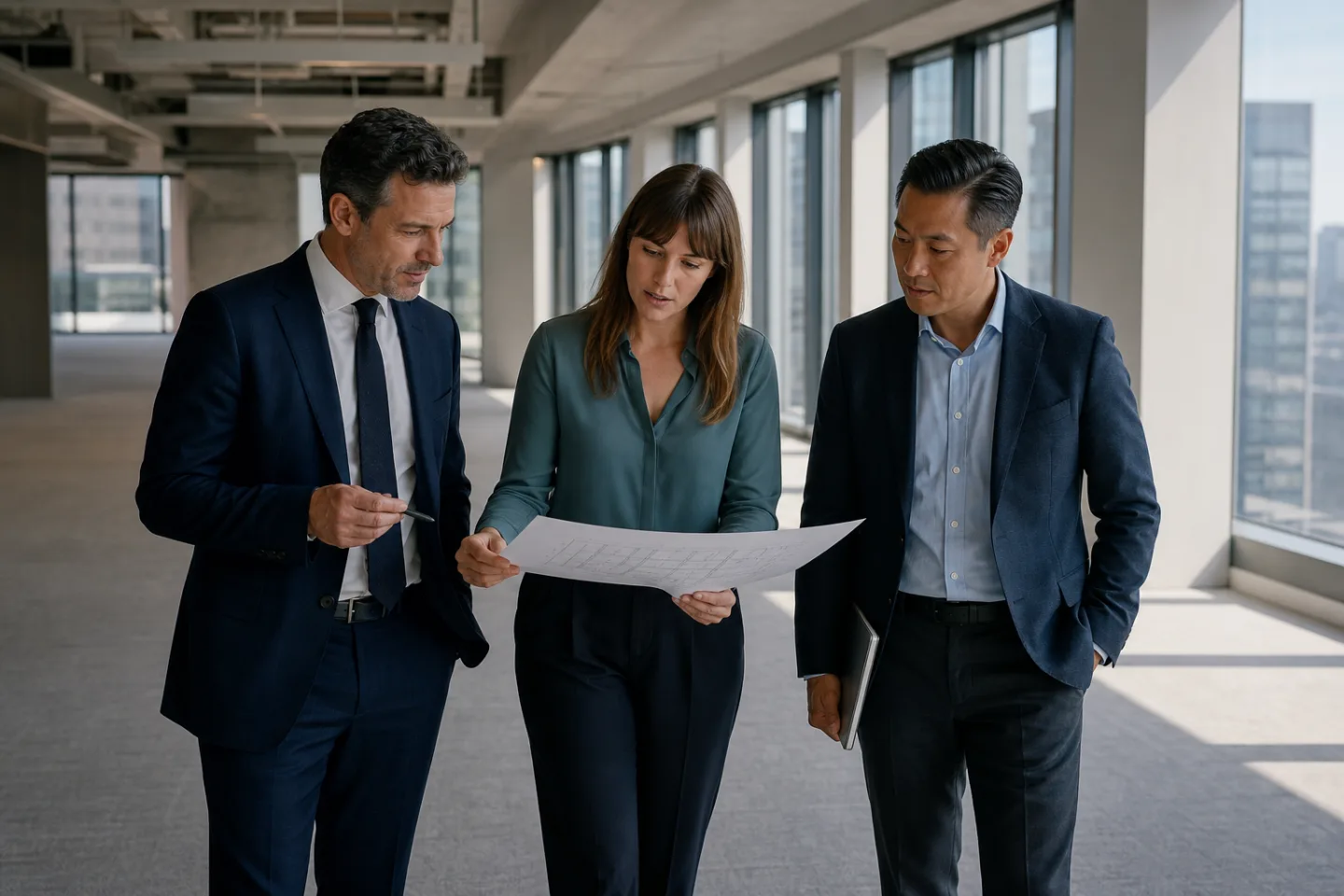 Broker, leasing manager, and tenant representative reviewing a test fit inside an office property Broker, leasing manager, and tenant representative reviewing a test fit inside an office property