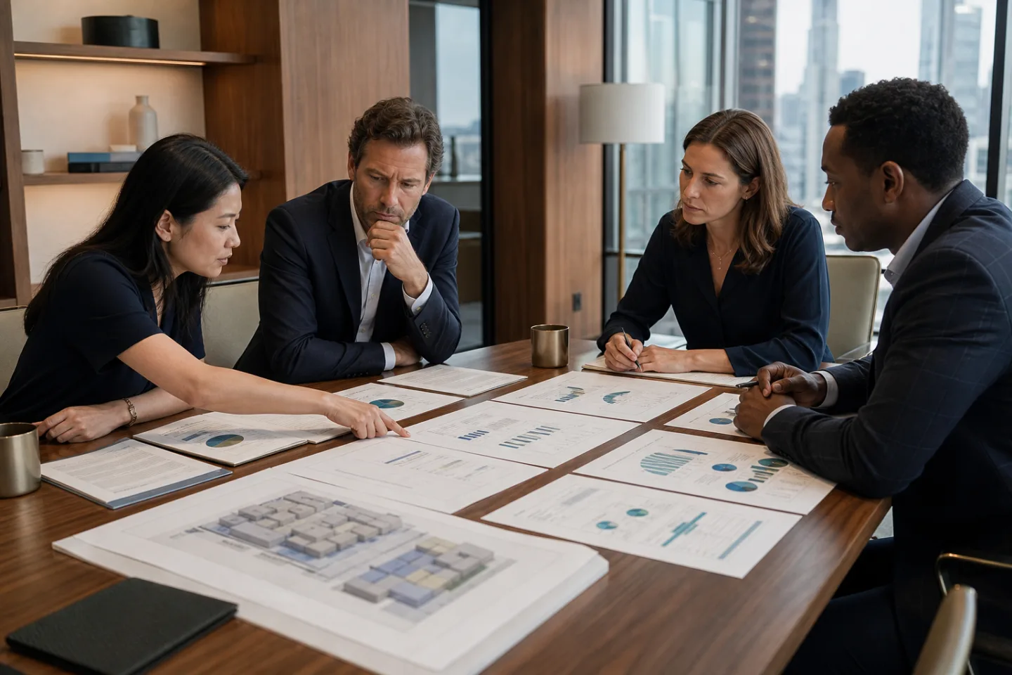 Commercial real estate leasing team comparing tenant proposals and a stacking plan Commercial real estate leasing team comparing tenant proposals and a stacking plan