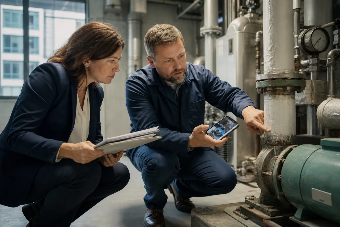 Property manager and building engineer inspecting equipment against a work-order record Property manager and building engineer inspecting equipment against a work-order record