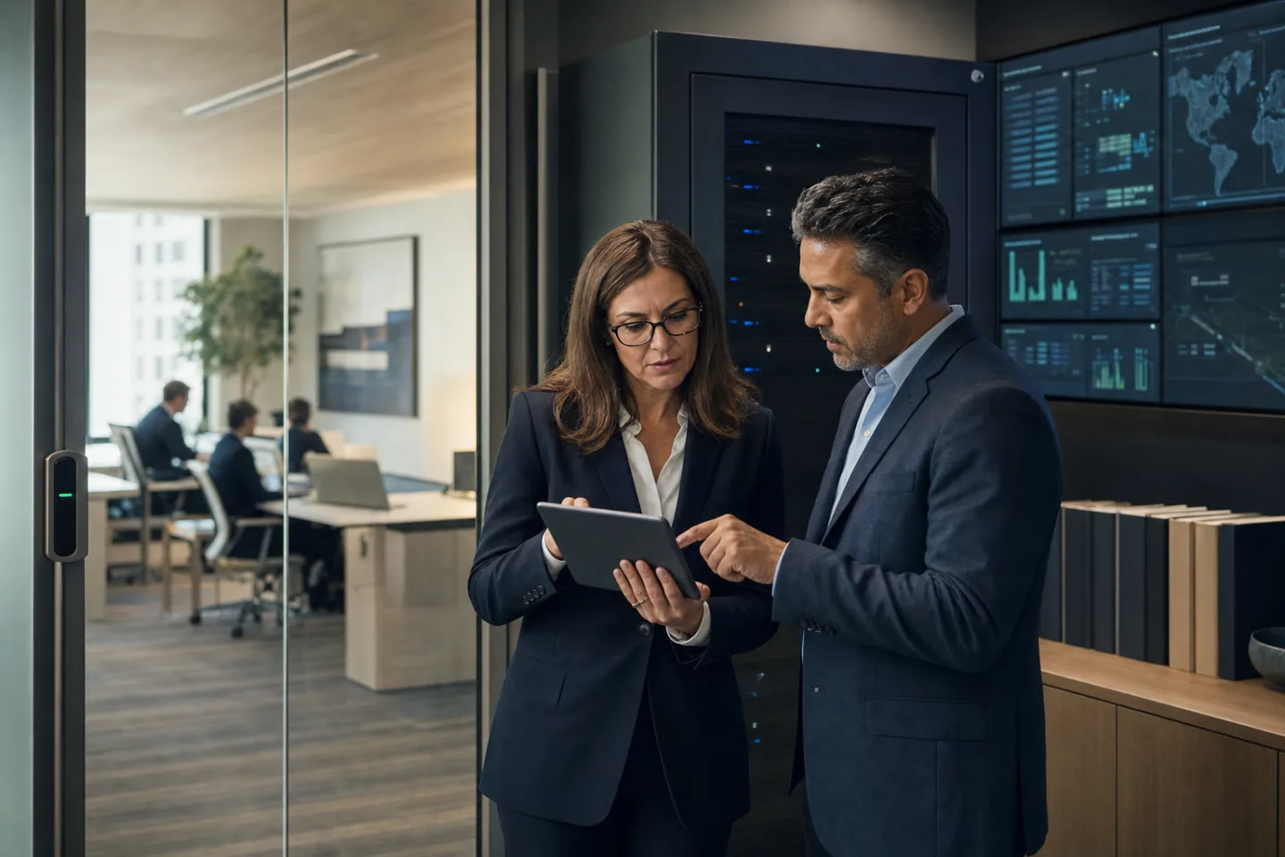 Technology lead and executive reviewing controls for a commercial real estate AI system Technology lead and executive reviewing controls for a commercial real estate AI system