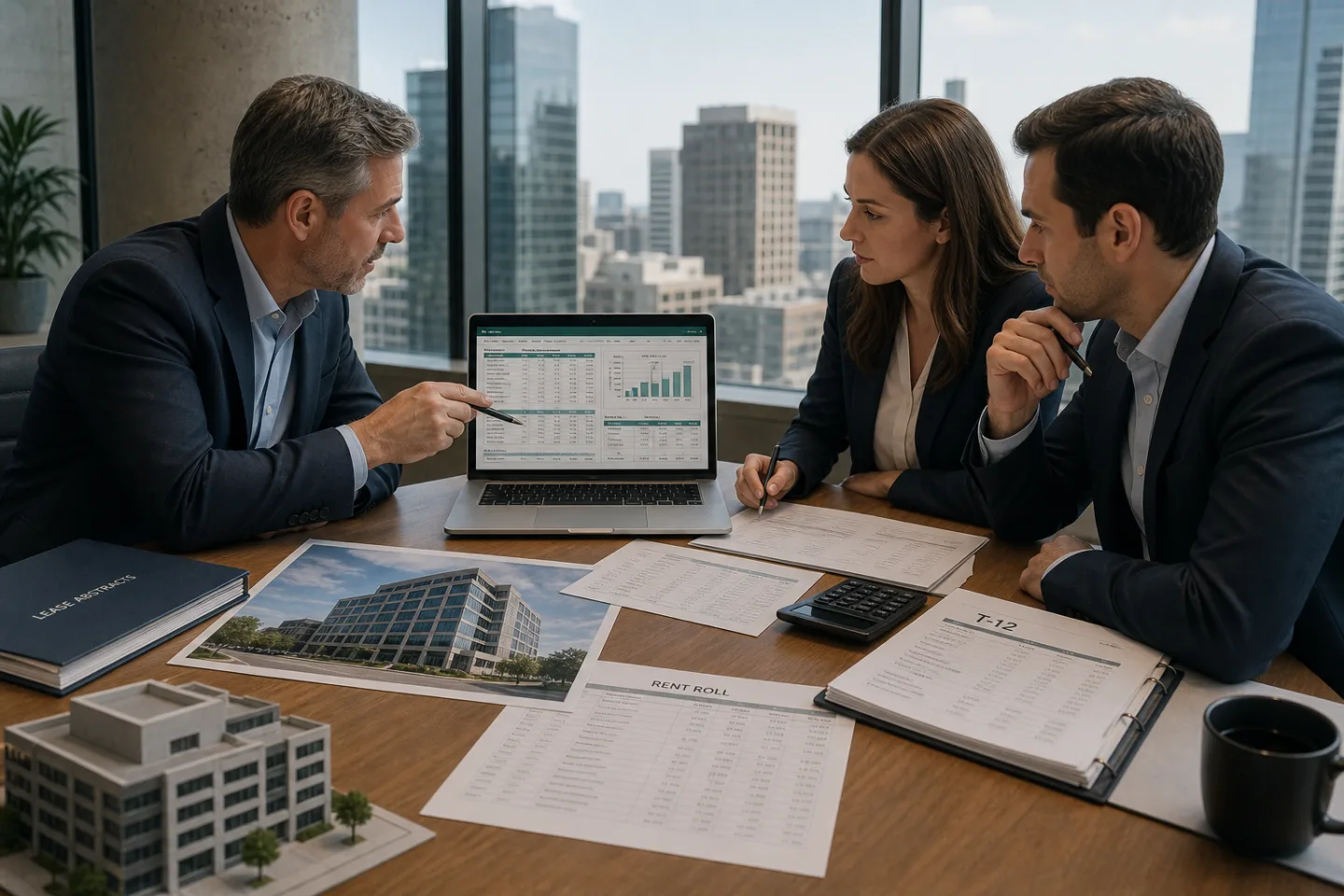 Commercial real estate professionals learning an AI workflow with source documents and a laptop Commercial real estate professionals learning an AI workflow with source documents and a laptop