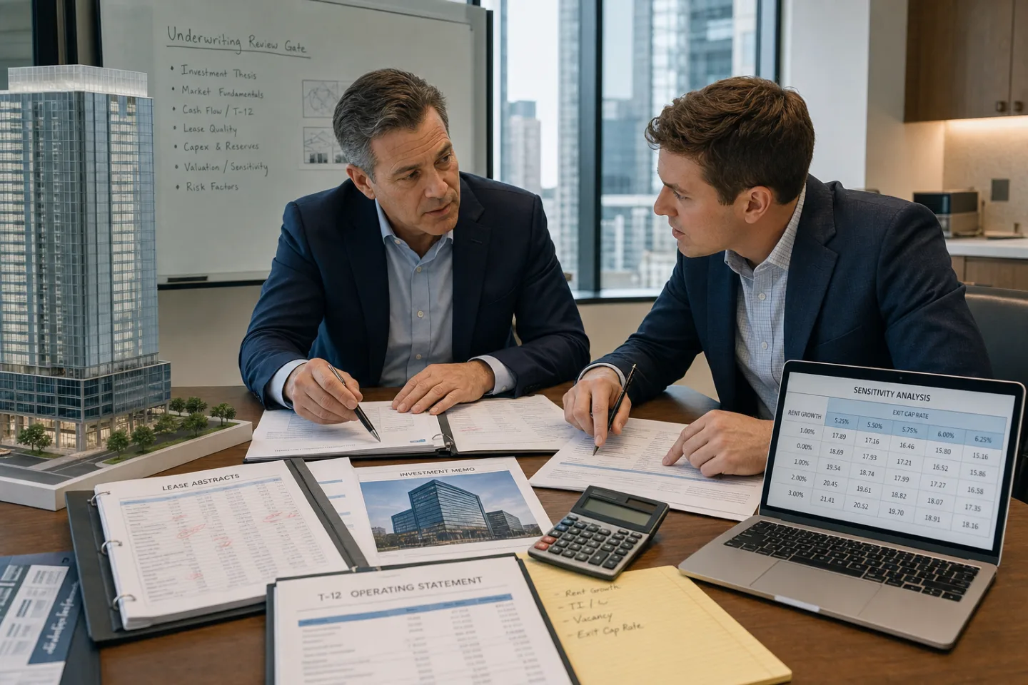 Senior commercial real estate principal and analyst reviewing AI-assisted work against source documents Senior commercial real estate principal and analyst reviewing AI-assisted work against source documents