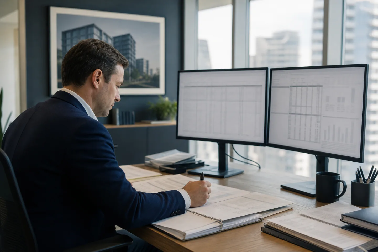 Commercial real estate analyst reconciling a rent roll, operating statements, and an underwriting model Commercial real estate analyst reconciling a rent roll, operating statements, and an underwriting model