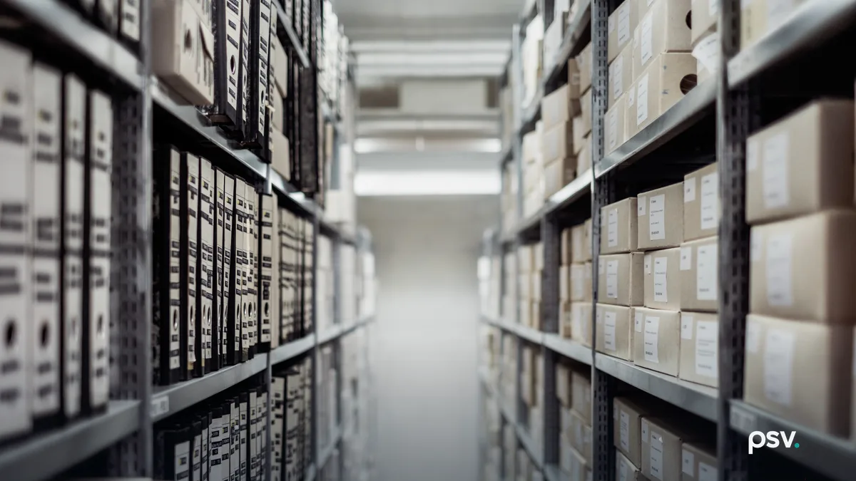 A narrow aisle between tall metal shelving in a document archive, both sides stacked with labeled cardboard storage boxes and ring binders that recede into soft focus toward a lit wall at the end.