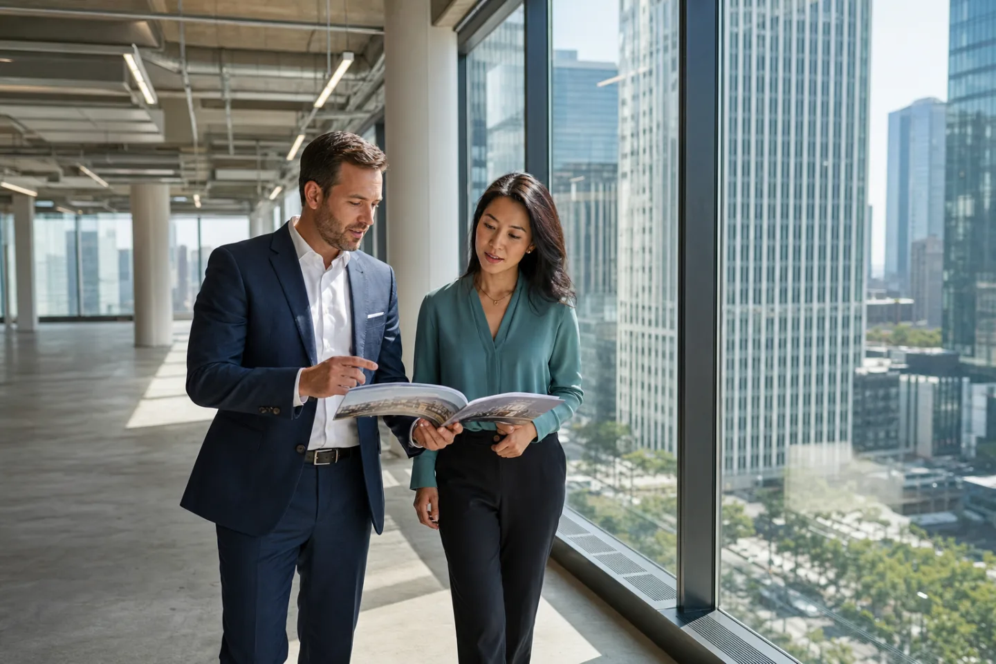 Commercial real estate broker and tenant representative reviewing a tour book inside an office property Commercial real estate broker and tenant representative reviewing a tour book inside an office property