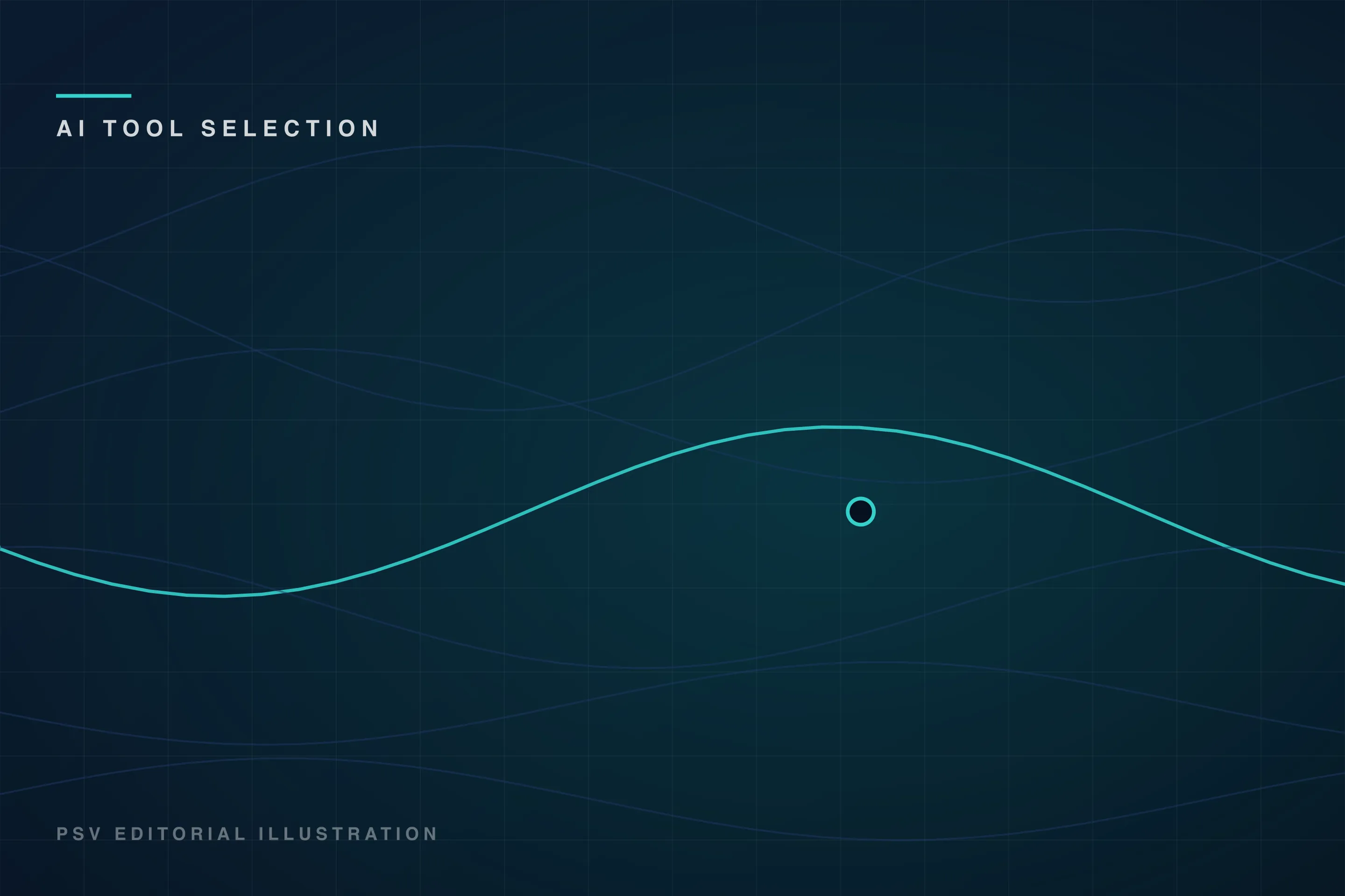 PSV editorial illustration for the AI Tool Selection desk: layered abstract wave lines across a dark navy grid field PSV editorial illustration for the AI Tool Selection desk: layered abstract wave lines across a dark navy grid field