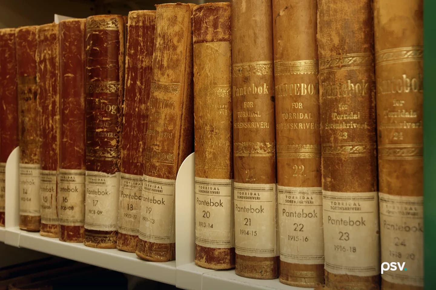 A shelf of leather-bound Norwegian property deed registers photographed at a raking angle, the newer tan volumes stamped in gilt with Pantebok for Torridal Sorenskriveri while the older red spines have worn illegible, each volume carrying a printed paper label numbering it and giving its year range. A shelf of leather-bound Norwegian property deed registers photographed at a raking angle, the newer tan volumes stamped in gilt with Pantebok for Torridal Sorenskriveri while the older red spines have worn illegible, each volume carrying a printed paper label numbering it and giving its year range.