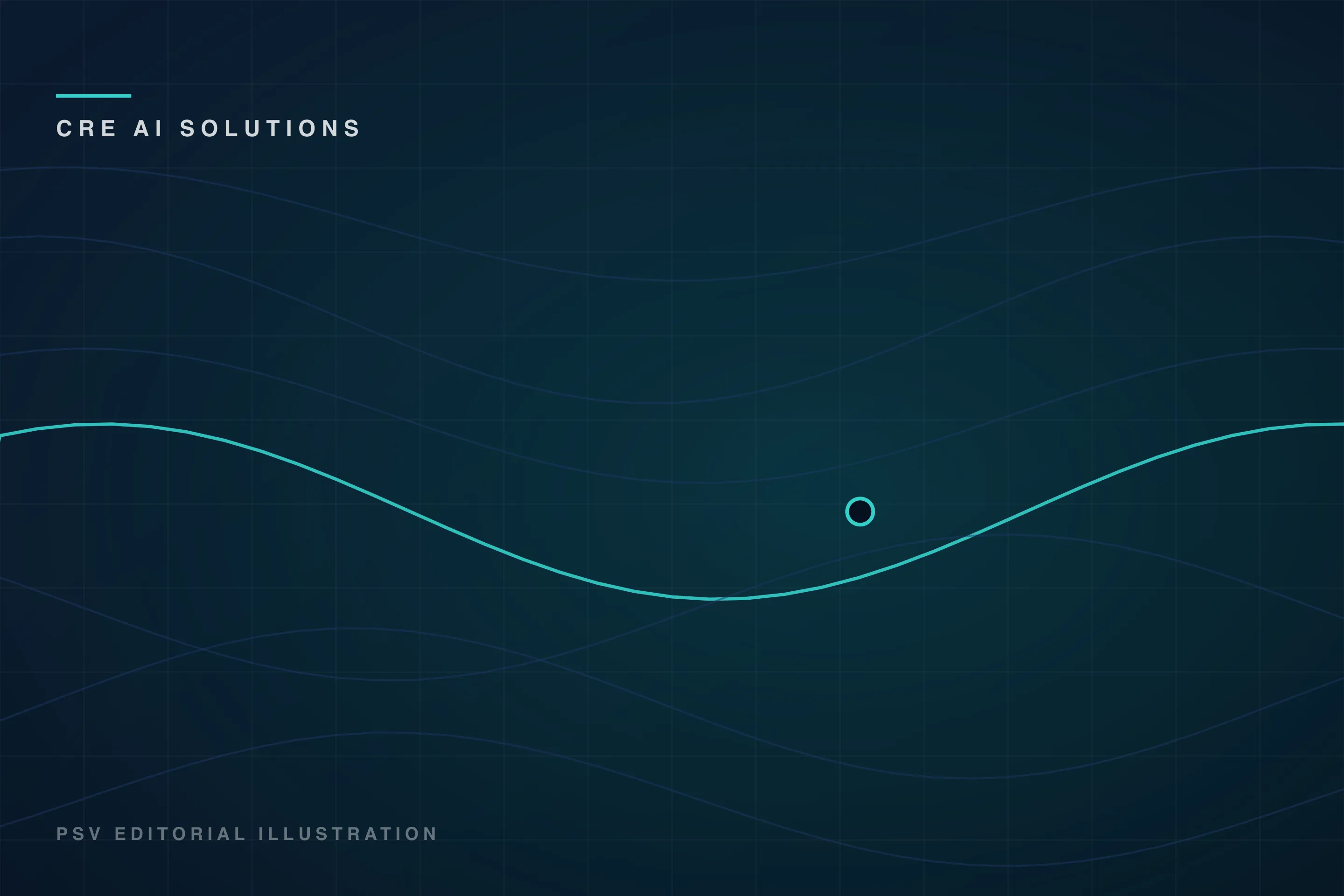 PSV editorial illustration for the CRE AI Solutions desk: layered abstract wave lines across a dark navy grid field PSV editorial illustration for the CRE AI Solutions desk: layered abstract wave lines across a dark navy grid field
