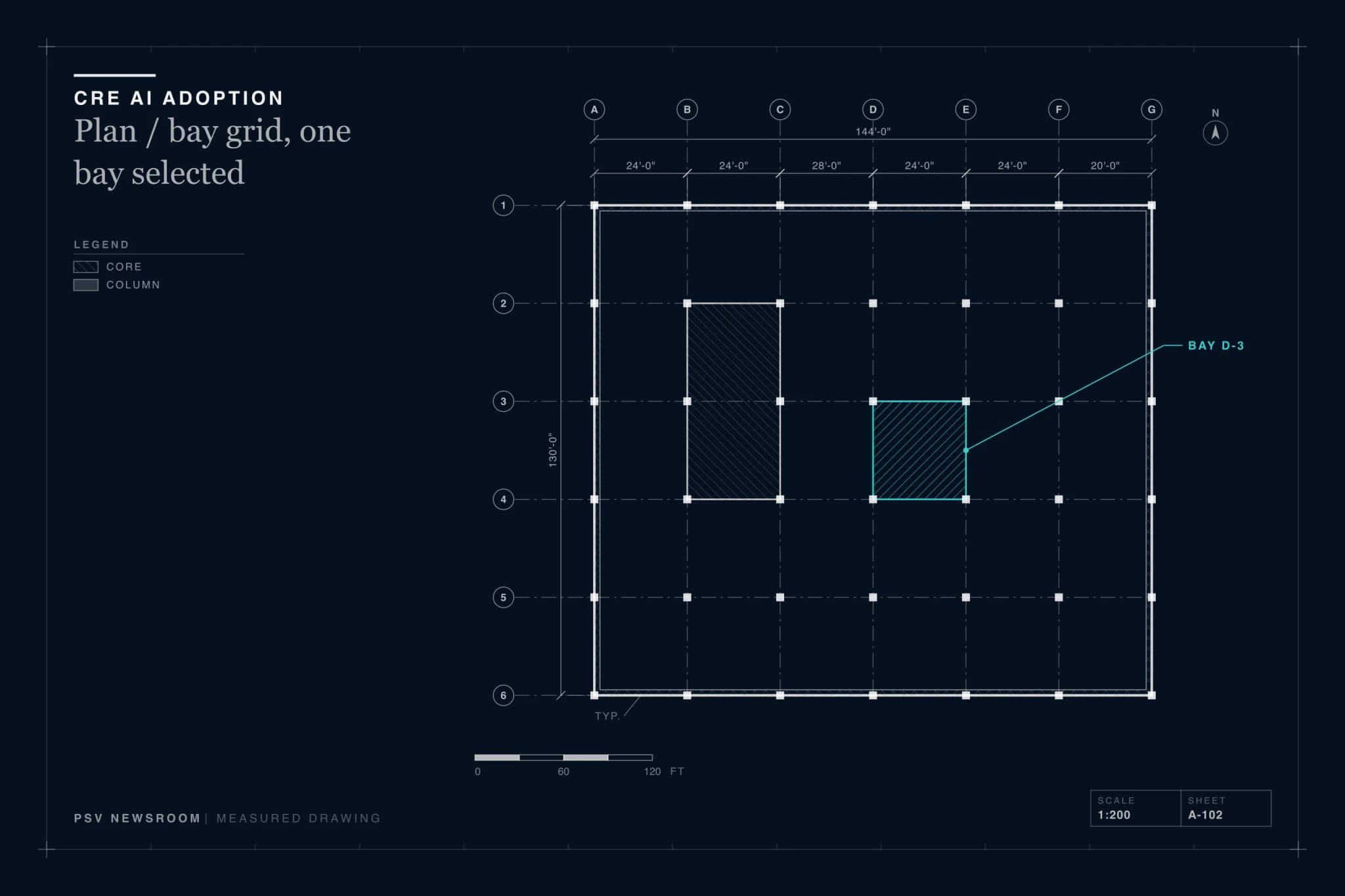 PSV editorial illustration for the Underwriting desk: measured drawing, a bay-grid plan with one bay selected PSV editorial illustration for the Underwriting desk: measured drawing, a bay-grid plan with one bay selected