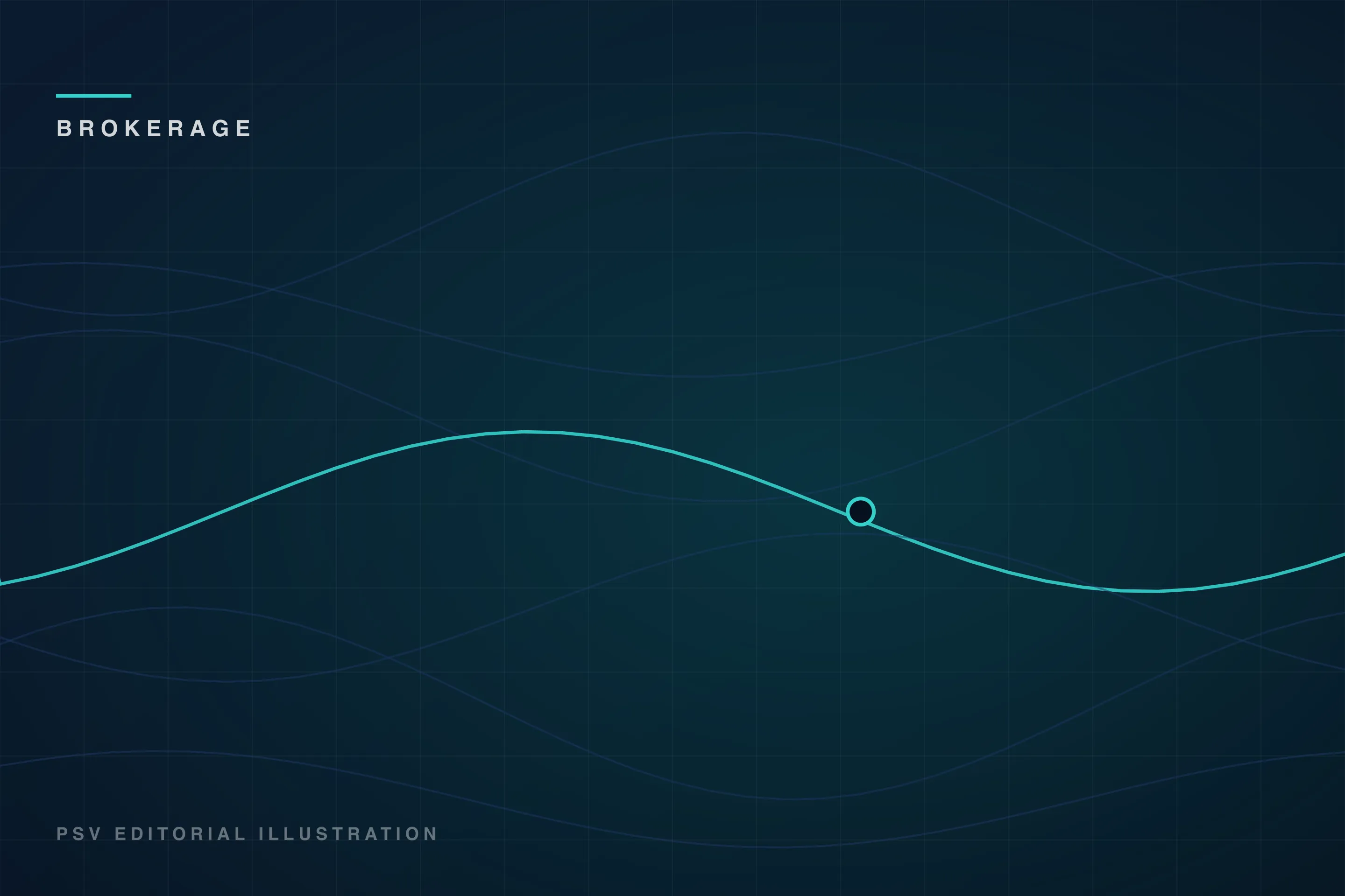 PSV editorial illustration for the Brokerage desk: abstract wave lines connecting across a dark navy grid field PSV editorial illustration for the Brokerage desk: abstract wave lines connecting across a dark navy grid field