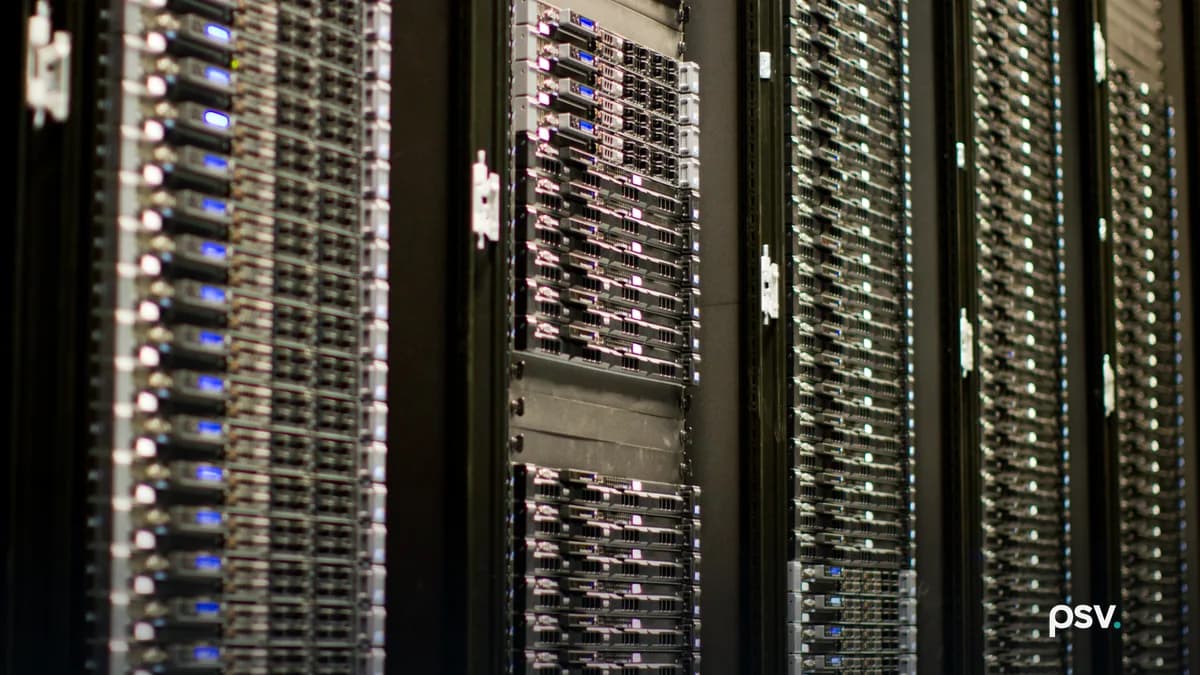 Close view of four black equipment racks packed with rows of rack-mounted servers, their front panels showing drive bays and small blue and white status lights, receding at an angle into shadow.