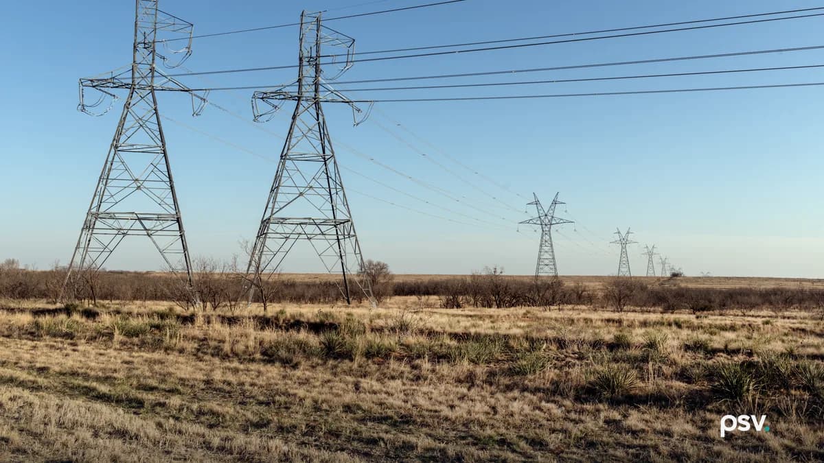 A daylight view across flat West Texas scrubland of two tall steel lattice transmission towers in the left foreground carrying multiple conductor lines that sweep to the right, with a receding line of smaller towers marching toward a low horizon under a clear pale blue sky, dry gold grass and bare mesquite in the foreground.