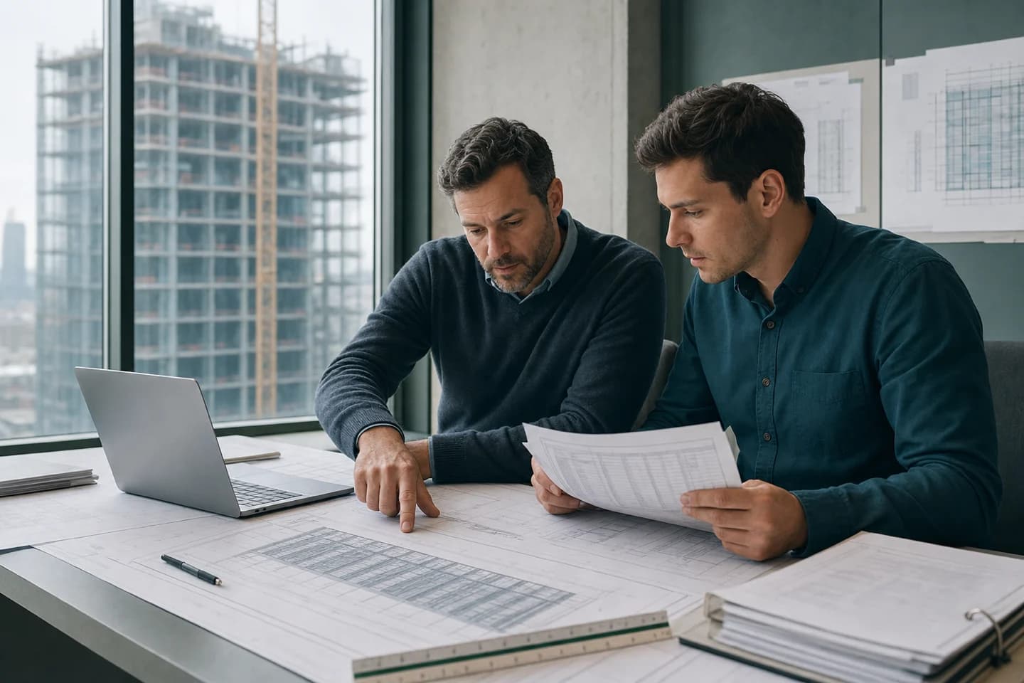 Construction estimating professionals reviewing a commercial development bid package, drawings, and source documents Construction estimating professionals reviewing a commercial development bid package, drawings, and source documents