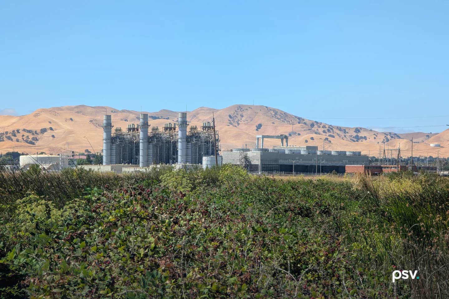 A gas-fired power plant seen across a field of green brambles and reeds, with three tall grey exhaust stacks rising from a block of steel pipework at the left, a long low cooling tower structure at the right, and dry golden hills under a clear blue sky behind. A gas-fired power plant seen across a field of green brambles and reeds, with three tall grey exhaust stacks rising from a block of steel pipework at the left, a long low cooling tower structure at the right, and dry golden hills under a clear blue sky behind.