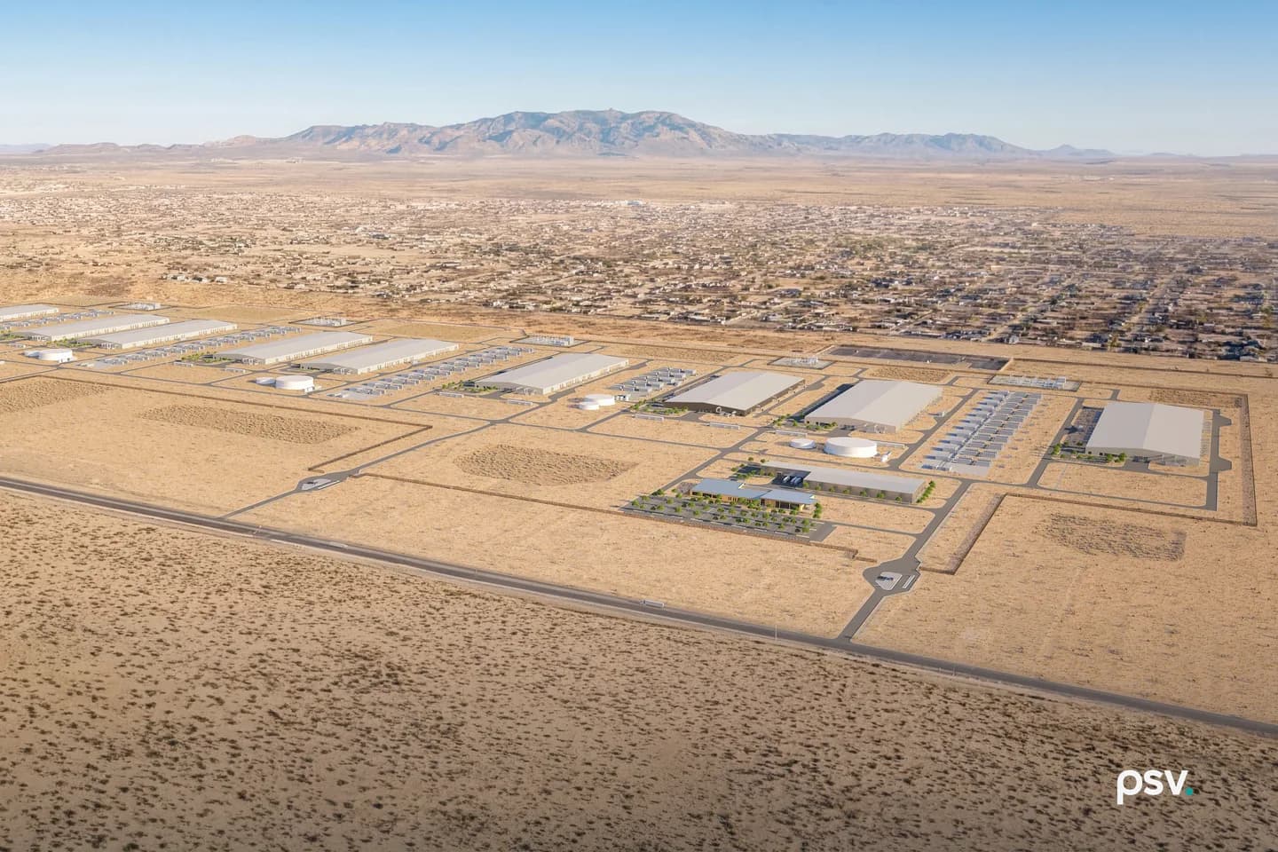 Aerial rendering of a data center campus laid out on flat desert ground: rows of long low white buildings separated by wide access roads and graded pads, circular water tanks and rows of grey equipment enclosures along one edge, a landscaped low office building with a parking lot in the foreground, and an El Paso residential neighborhood and a mountain ridge on the horizon behind it Aerial rendering of a data center campus laid out on flat desert ground: rows of long low white buildings separated by wide access roads and graded pads, circular water tanks and rows of grey equipment enclosures along one edge, a landscaped low office building with a parking lot in the foreground, and an El Paso residential neighborhood and a mountain ridge on the horizon behind it