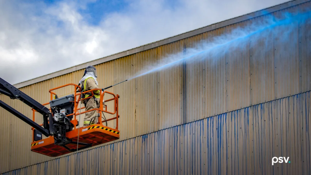 A worker in protective coveralls and a hood stands on the platform of an orange articulating boom lift, spraying a blue fixative mist across the tall corrugated metal wall of a decommissioned industrial process building, with blue streaks running down the lower panels and a partly cloudy sky behind.