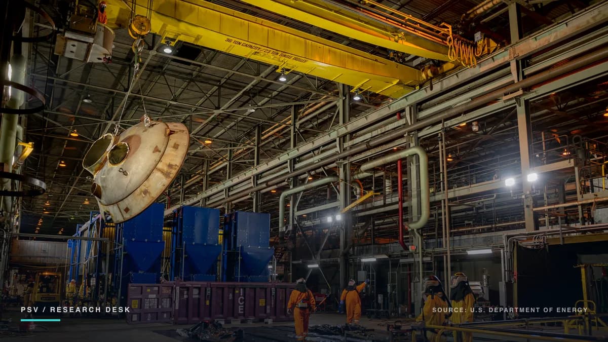 Interior of a vast industrial building at the Department of Energy’s Paducah Site: a yellow 36-ton overhead crane lifts a large corroded metal vessel head while workers in orange and yellow protective suits and respirators stand on the floor below beside a purple waste container and blue processing equipment