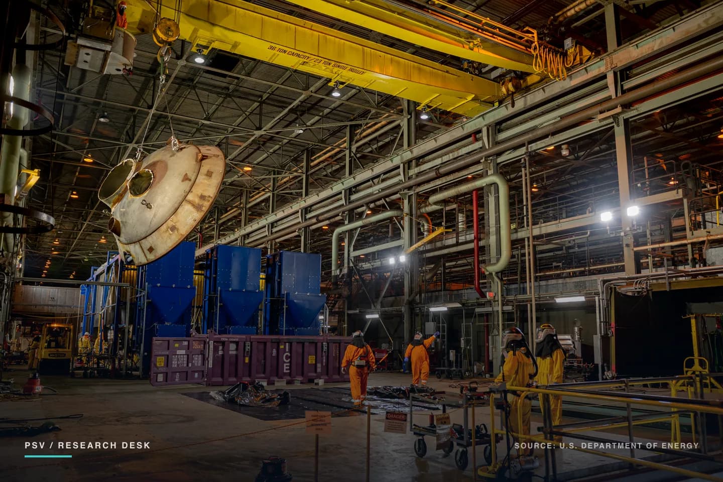 Interior of a vast industrial building at the Department of Energy’s Paducah Site: a yellow 36-ton overhead crane lifts a large corroded metal vessel head while workers in orange and yellow protective suits and respirators stand on the floor below beside a purple waste container and blue processing equipment Interior of a vast industrial building at the Department of Energy’s Paducah Site: a yellow 36-ton overhead crane lifts a large corroded metal vessel head while workers in orange and yellow protective suits and respirators stand on the floor below beside a purple waste container and blue processing equipment