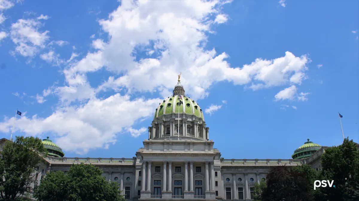 The Pennsylvania State Capitol in Harrisburg photographed from the front steps on a clear summer day: a grey granite Beaux-Arts building with a tall columned portico, a green tiled dome topped by a gilded statue, matching green domes over the wings, flanking trees, and scattered cumulus cloud overhead
