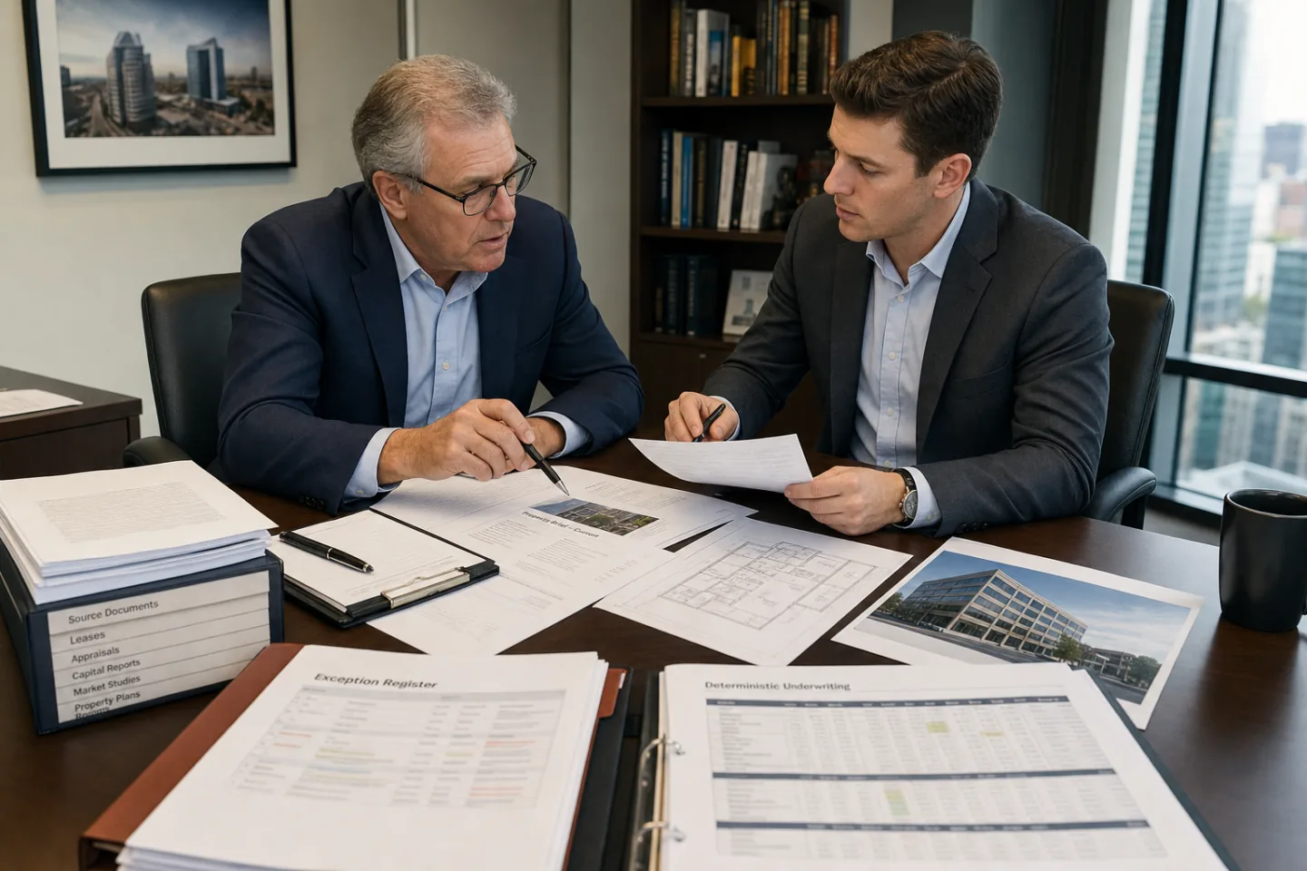 Commercial real estate principal and analyst reviewing an exception register against source documents and an underwriting model Commercial real estate principal and analyst reviewing an exception register against source documents and an underwriting model