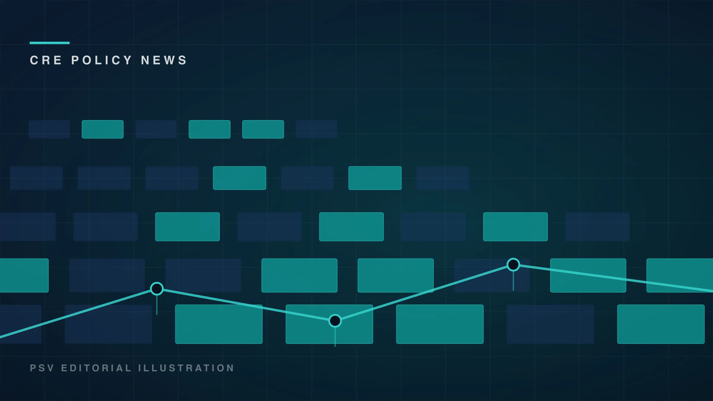PSV branded cover in deep navy: a grid of teal and dark blue rectangles standing in for data center halls, overlaid by a bright teal line that rises, dips and rises again like a load curve, under the kicker CRE POLICY NEWS