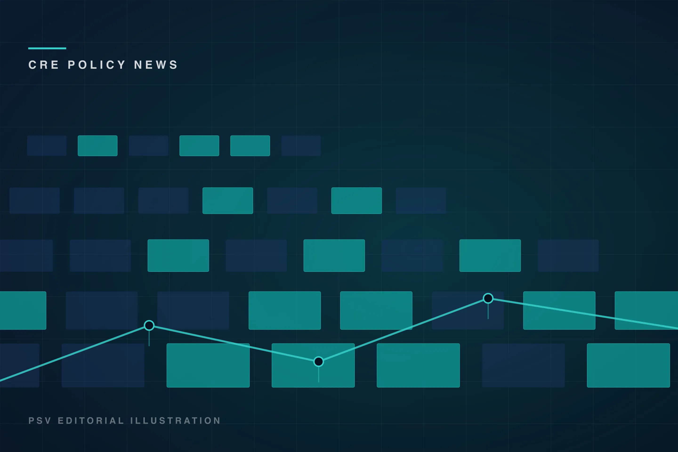 PSV branded cover in deep navy: a grid of teal and dark blue rectangles standing in for data center halls, overlaid by a bright teal line that rises, dips and rises again like a load curve, under the kicker CRE POLICY NEWS PSV branded cover in deep navy: a grid of teal and dark blue rectangles standing in for data center halls, overlaid by a bright teal line that rises, dips and rises again like a load curve, under the kicker CRE POLICY NEWS