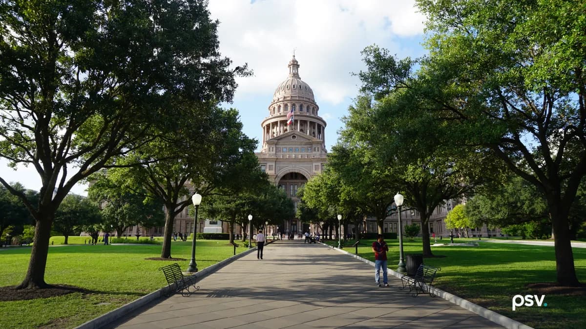 A daylight photograph of the Texas State Capitol in Austin, a pink granite building with a tall columned dome flying the United States and Texas flags, seen at the end of a long paved walkway lined with iron lamp posts and green benches, framed by large live oak trees and wide green lawns, with a few pedestrians small in the distance under a blue sky with white clouds.