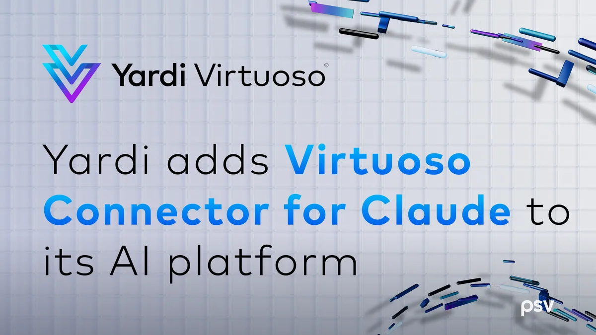 Yardi Virtuoso announcement graphic reading “Yardi adds Virtuoso Connector for Claude to its AI platform” in black and blue type, with the Yardi Virtuoso chevron logomark and scattered three-dimensional data bars arcing across a pale grid background