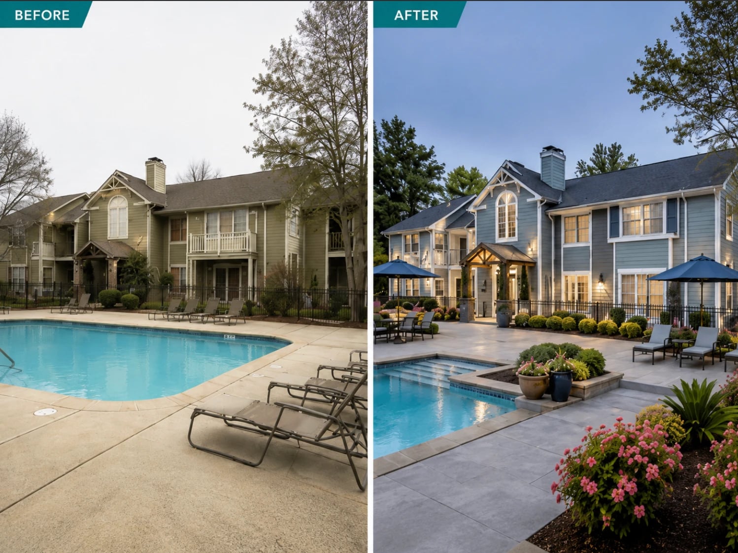 Brookwood Apartments pool and amenity renovation, before and after